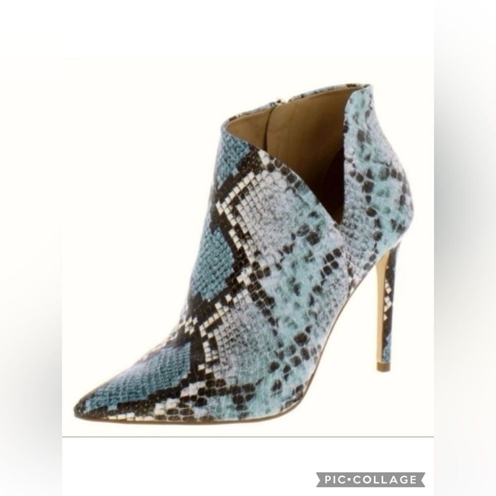 Steve Madden Decoy Blue Black Snakeskin Print High Heel Booties 6 Chic Glam